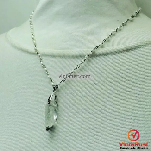 Handmade Clear Quartz Pendant Necklace with Delicate Pearl Chain, Stylish Unisex - Picture 8 of 14